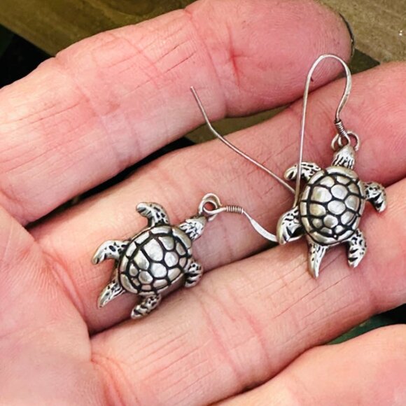 Sterling Silver Water Turtle Pierced Earrings - Picture 4 of 4